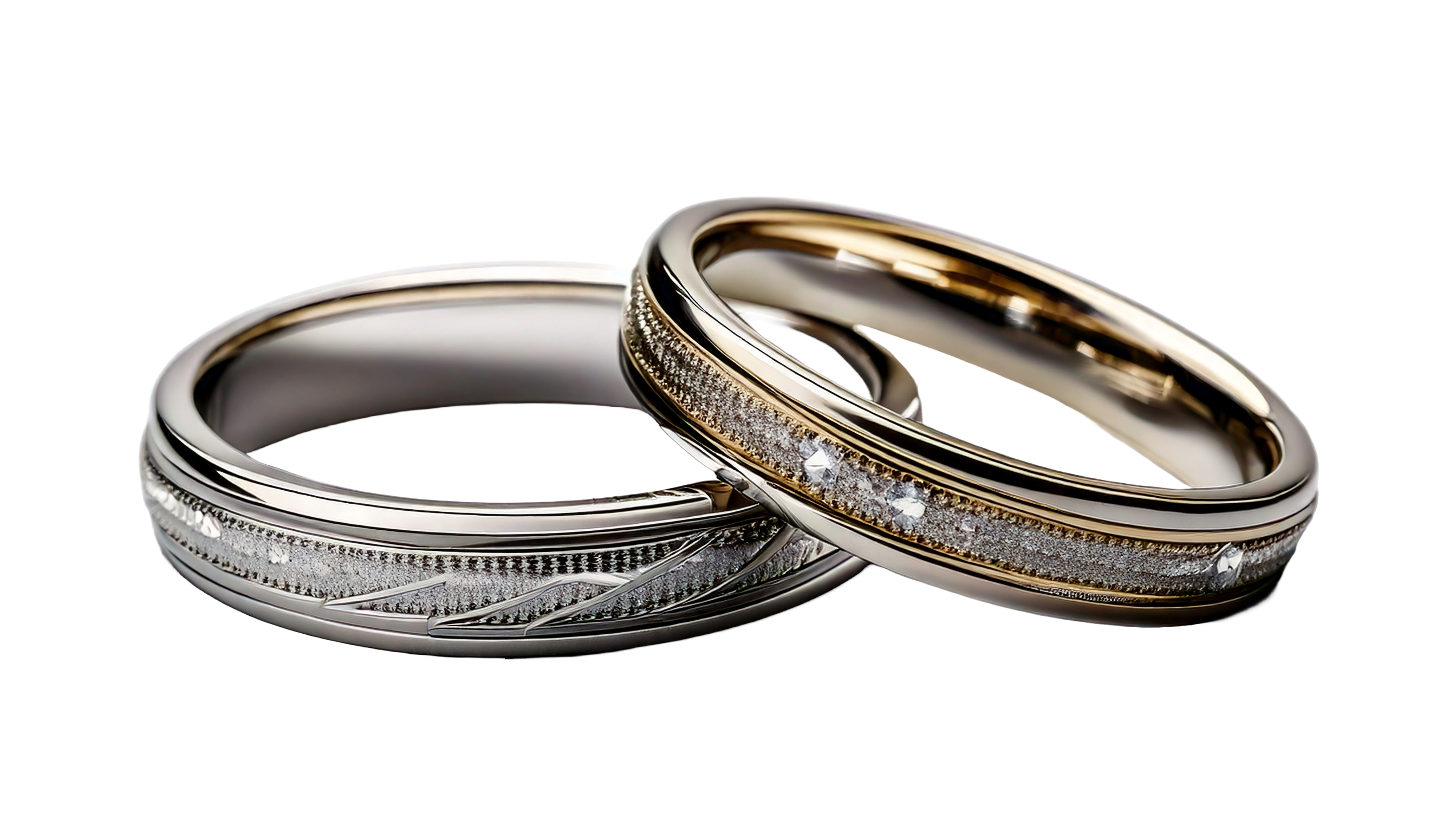 Firefly génère-moi 2 alliances argentées de mariage attachées sur un fond blanc. une pour femme avec
